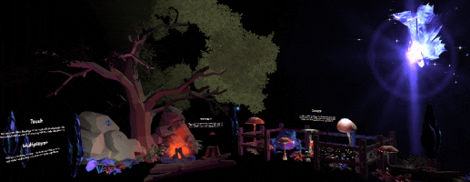 Hologram garden scene with a campfire.